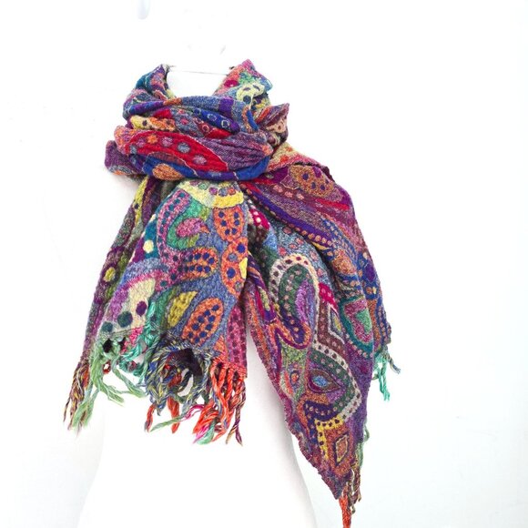 Unisex Rectangular Scarf Wrap Fringe Colorful Artsy Art to Wear - Picture 2 of 5